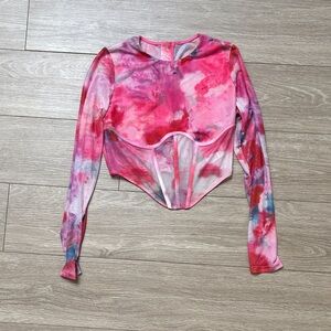 Bardot Pink Tie-Dye Long Sleeve Corset Crop Top